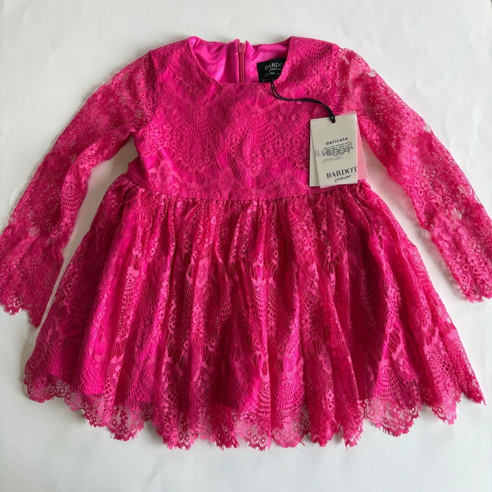 Bardot Junior Toddler 24M Hot Pink Lace Dress Long Sleeve Layered Formal Elegant